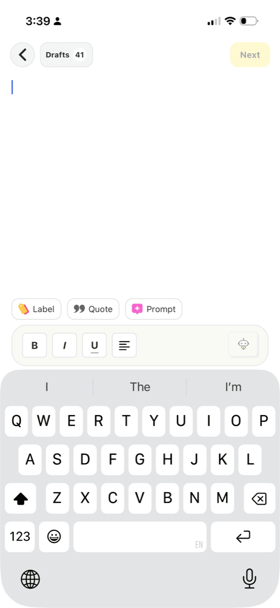 The Ithaka editor with labels, quotes, prompts and rich text formatting