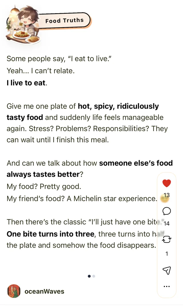 A humorous 'Food Truths' post on Ithaka